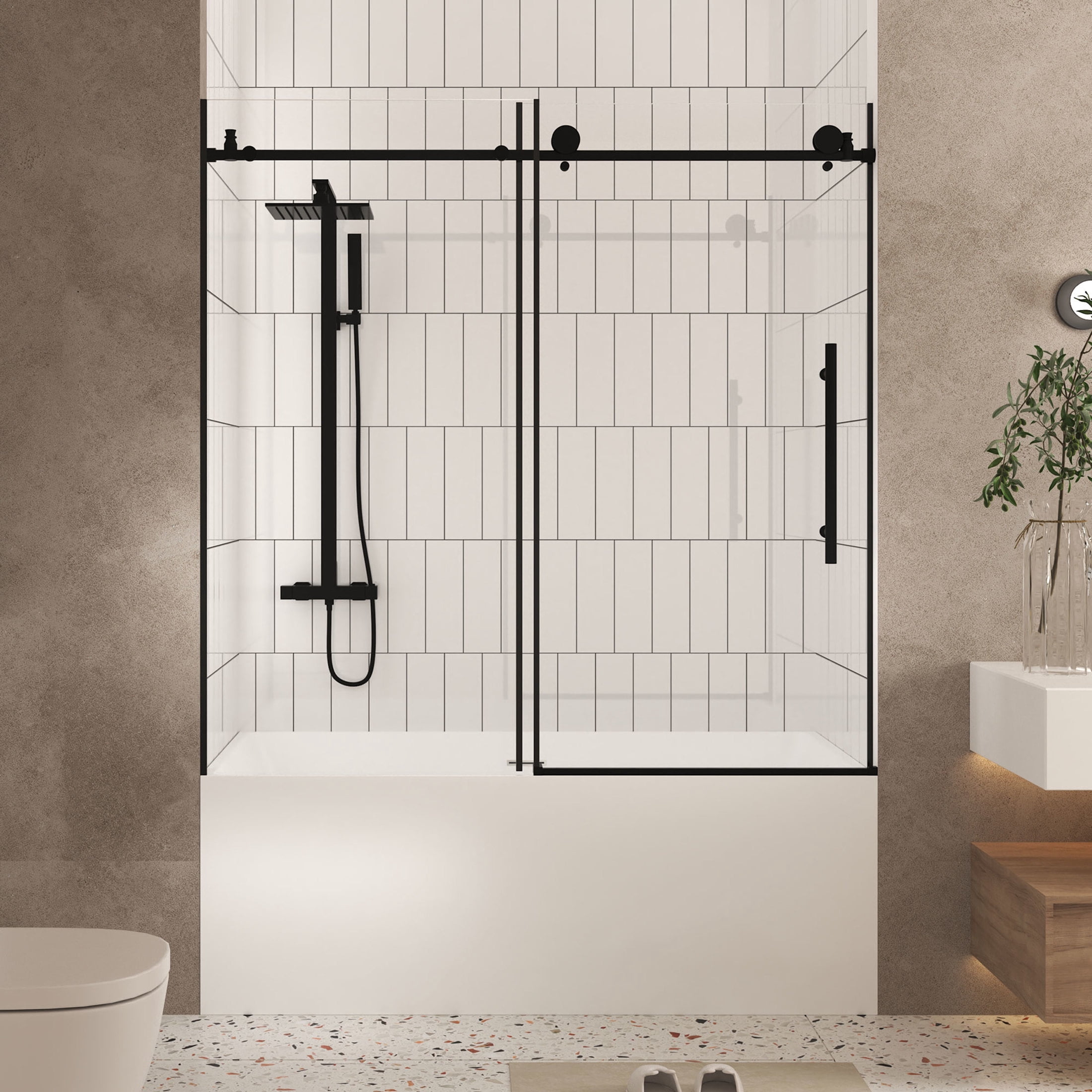 Noble House 60"x60" Frameless Sliding Shower Door, Tempered Glass with Stainless Steel Handle, Matte Black