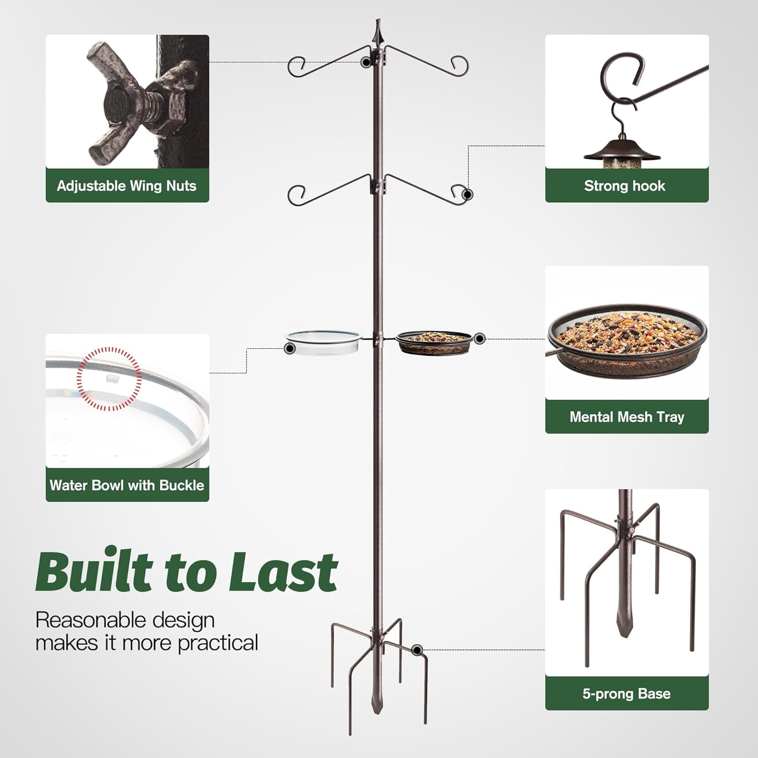 Bird Feeding Station Kit, Adjustable Birds Feeder Stand Pole with 6-Hook, Bird Bath and Mesh Tray, Curved Squirrel Baffle