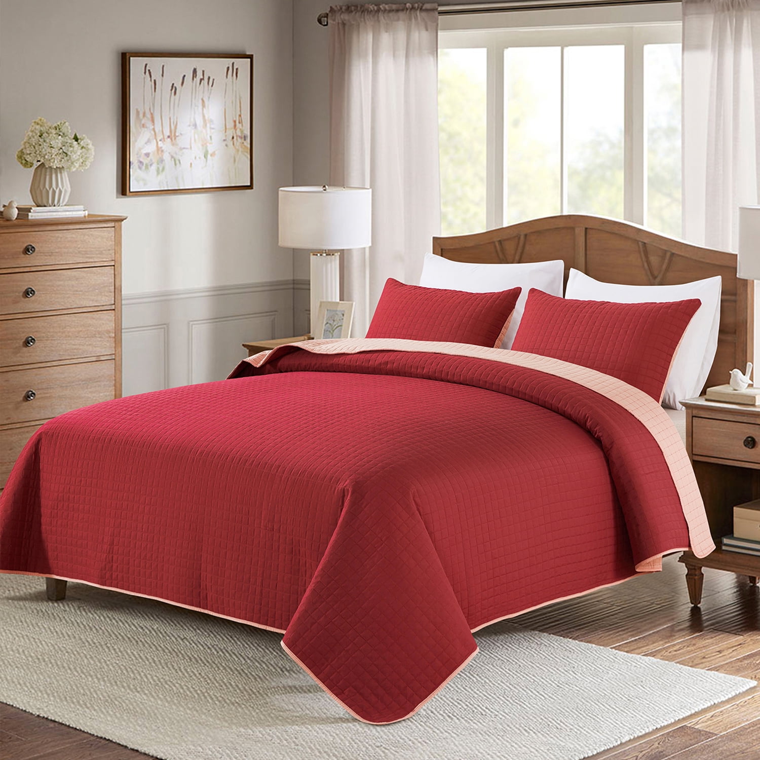 JML Queen Size Quilt Set 3 Piece, Microfiber Plaid Quilted Bedspread