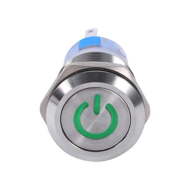 Autoblocante a prueba de agua, 19 mm 12V a 24V LED Interruptor de botón de enclavamiento Acero inoxidable Autobloqueo Símbolo de alimentación LED para automóviles(Anillo de luz LED verde)