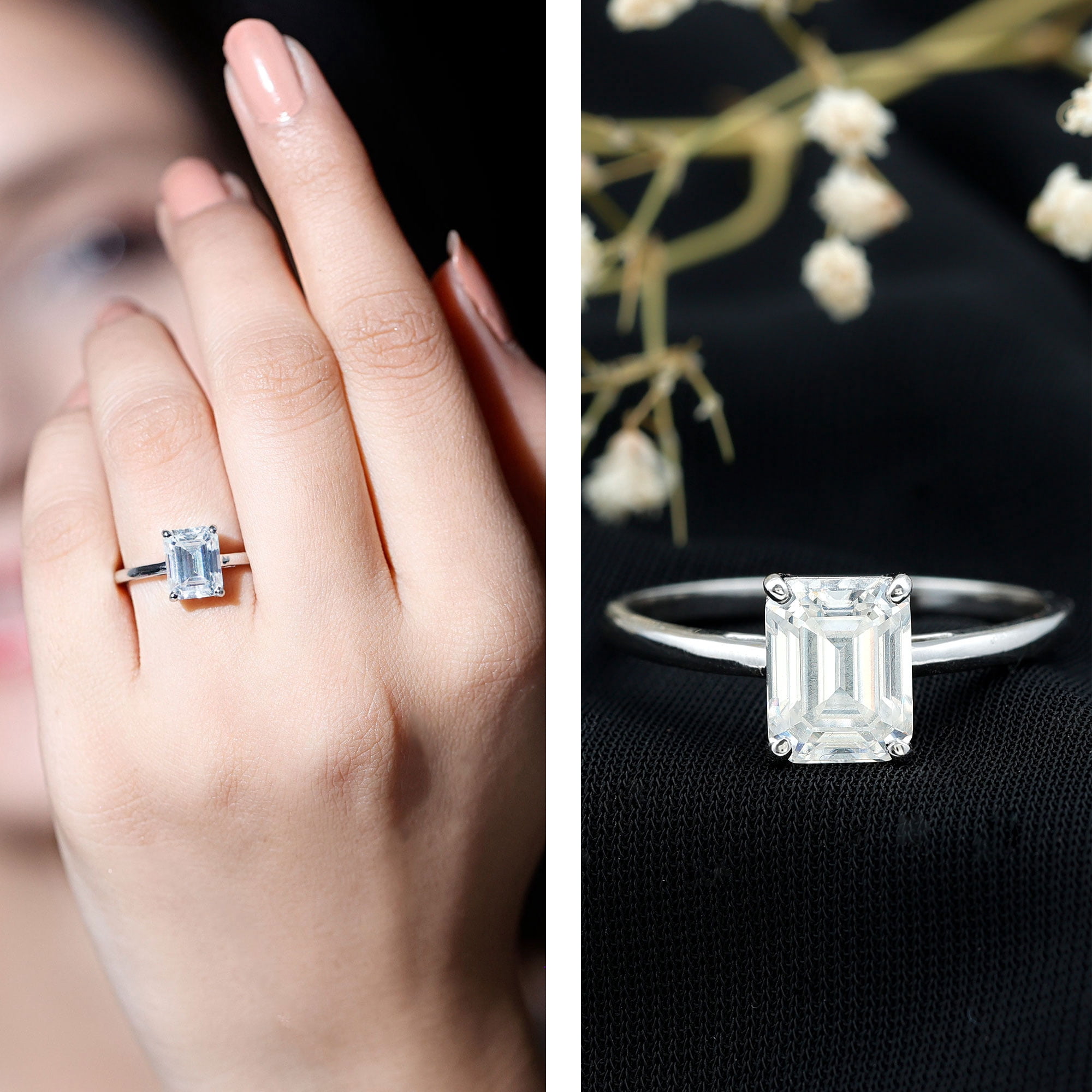 Rosec Jewels Emerald Cut Moissanite Solitaire Engagement Ring for Women - 7X9 mm - 2 ct - D-VS1 Grade, 10K White Gold, US 8.00