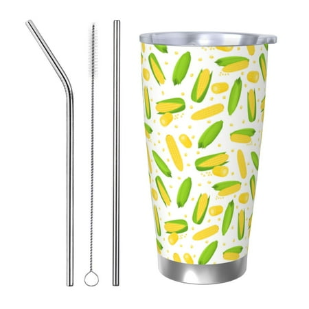 

Uemuo Cartoon Corn Print Travel Coffee Mug 20oz Double-walled Car Cup Stainless Steel Insulated Tumbler Leak-proof Travel Cup Reusable Straw Car Cup-Straw Three-piece Set