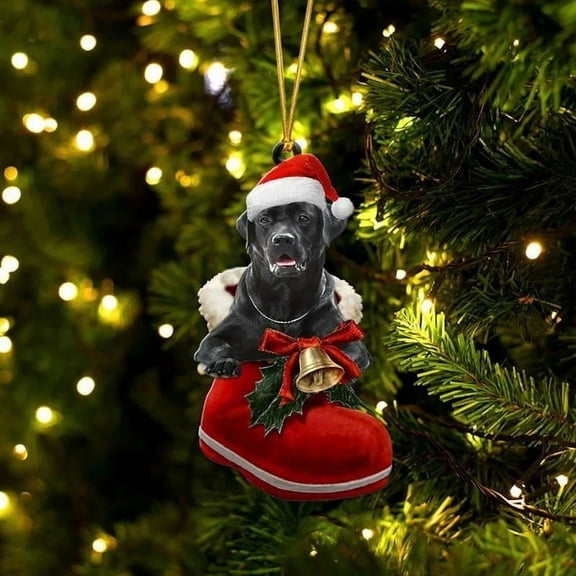 Acrylic 2D FLAT Black Labrador In Santa Boot Christmas Hanging Ornamen