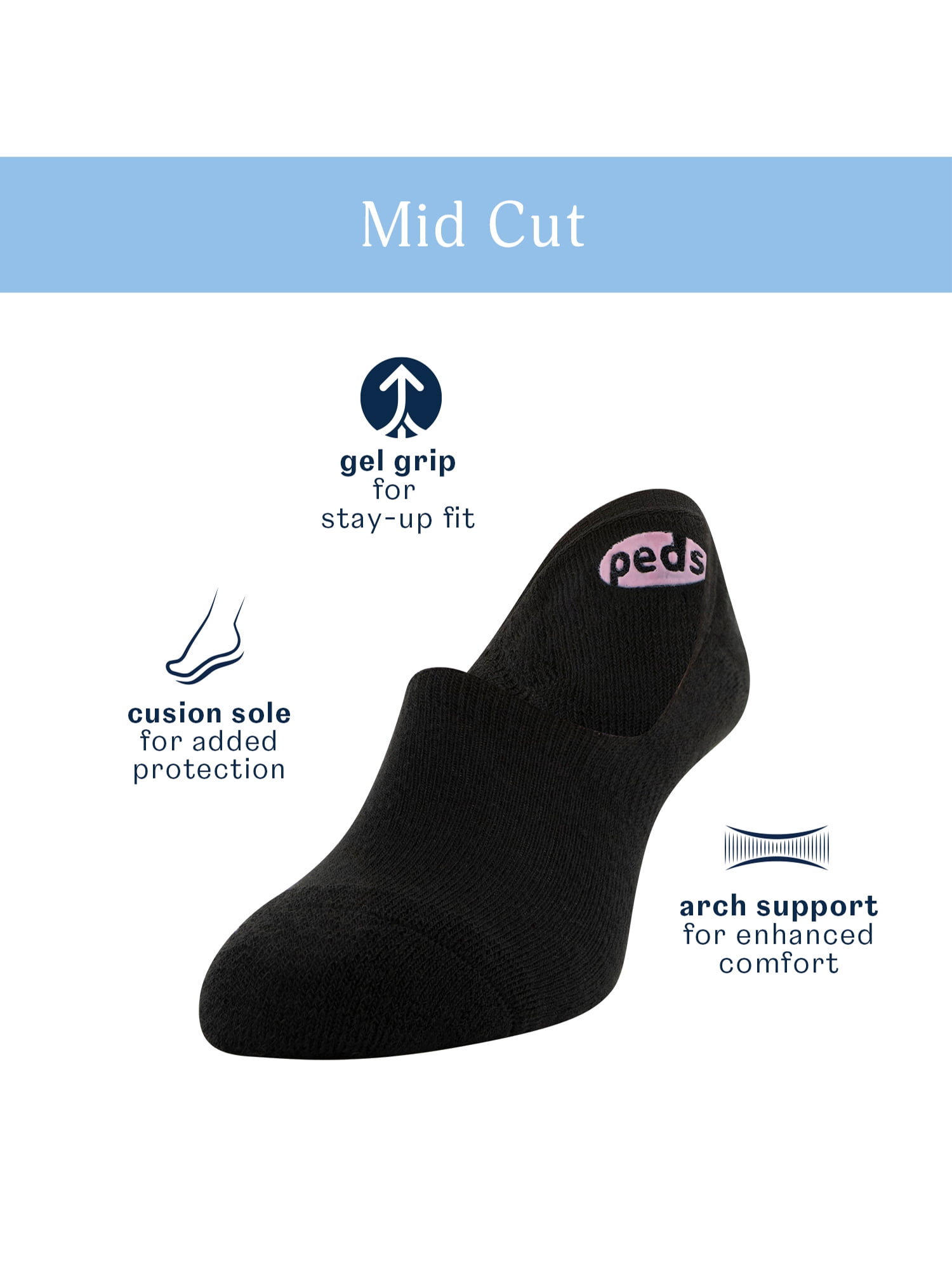 PEDS Women's Mid Cut Cushion Heel and Toe Liner Socks, 6 Pairs