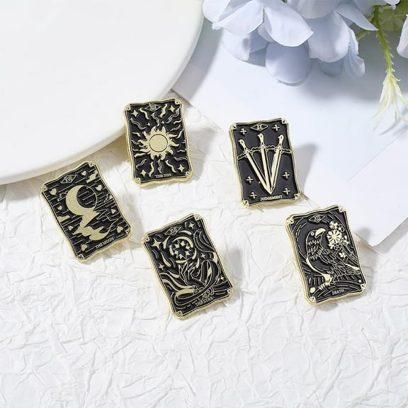 5Pcs 5 Styles Tarot Card Enamel Pins Alloy Brooch Gothic Style Jewelry Gift Mixed Shapes 30x21mm Black DIY
