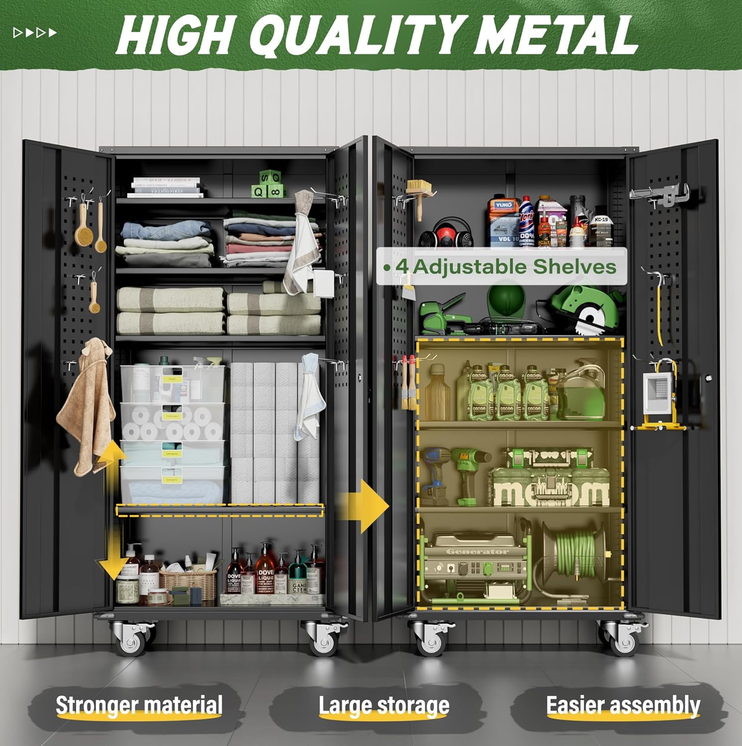 SUNCROWN Metal Storage Cabinet with Wheels,72” Black Garage Storage Cabinet with Pegboards and Wheels, Rolling Tool Cabinet with Locking Doors and Shelves for Home,Basement, Kitchen Pantry,Warehouse