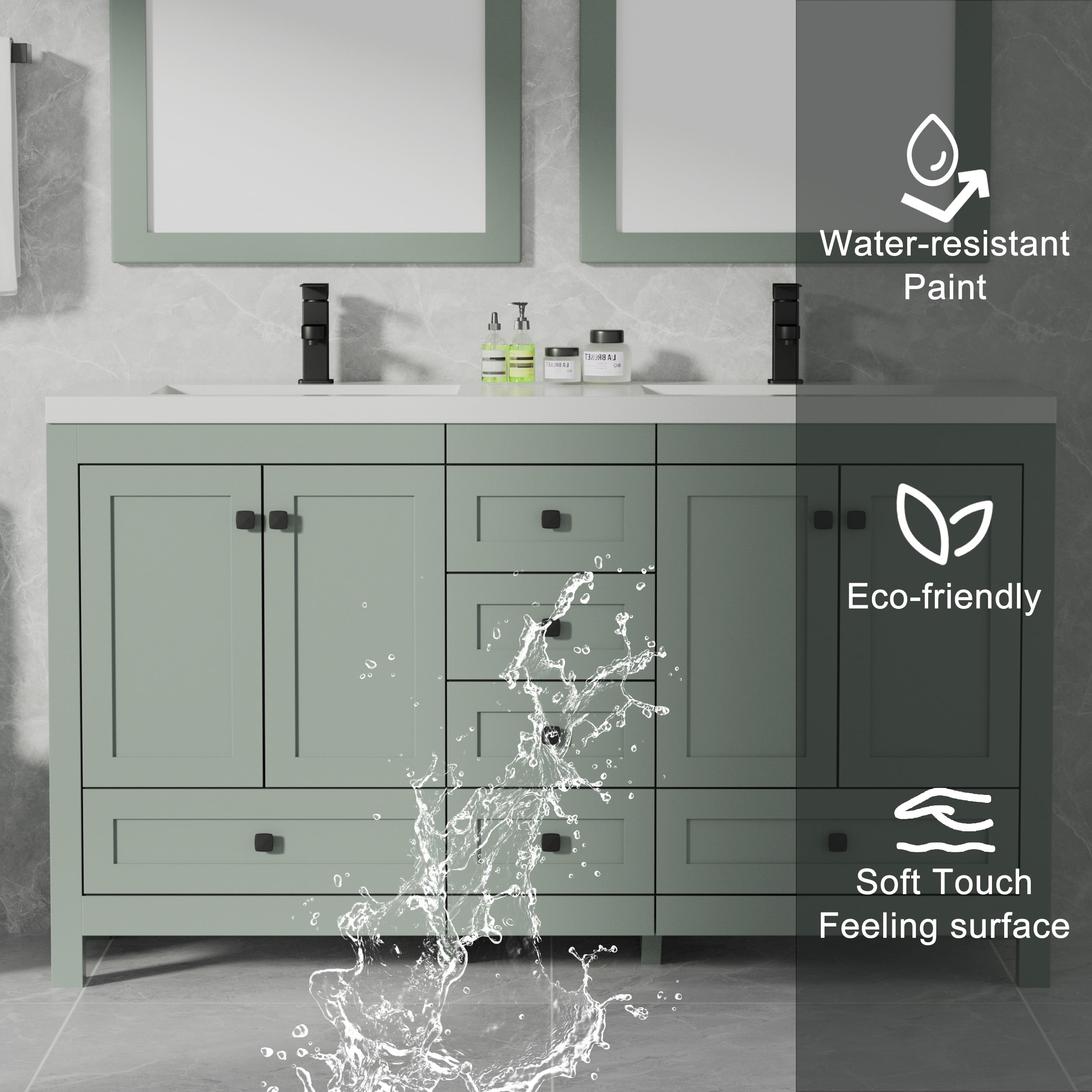 Eclife 60" Freestanding Double Sink Bathroom Vanity with Integrated Sink Top and Faucet, Hand Painted Bathroom Vanity Cabinet, Spacious Storage