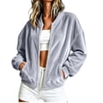 thumbnail image 2 of Xdegoge Womens Bomber Jackets Velour Long Sleeve Full Zip Up Vintage Casual Fall Winter Soft Y2K Trendy Outerwear with Pockets, 2 of 9