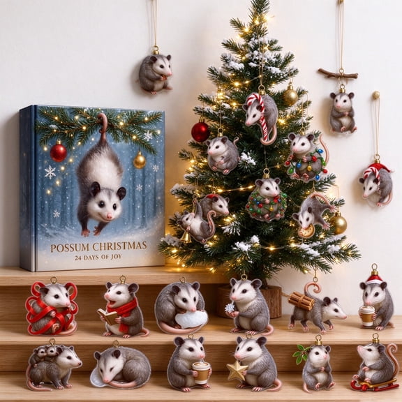Opossum Christmas Advent Calendar Ornaments 24 Pcs Acrylic Possum Hanging Decor for Christmas Tree Holiday Gift Set