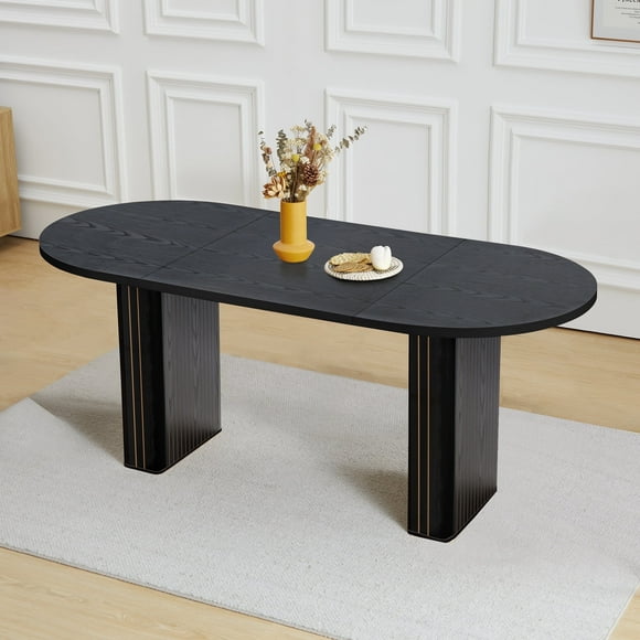 70.8 Inch Dining Table for Rustic Farmhouse, Oval Kitchen Dining Room Table with Wooden Base for Meeting Room Reception Room (Black)
