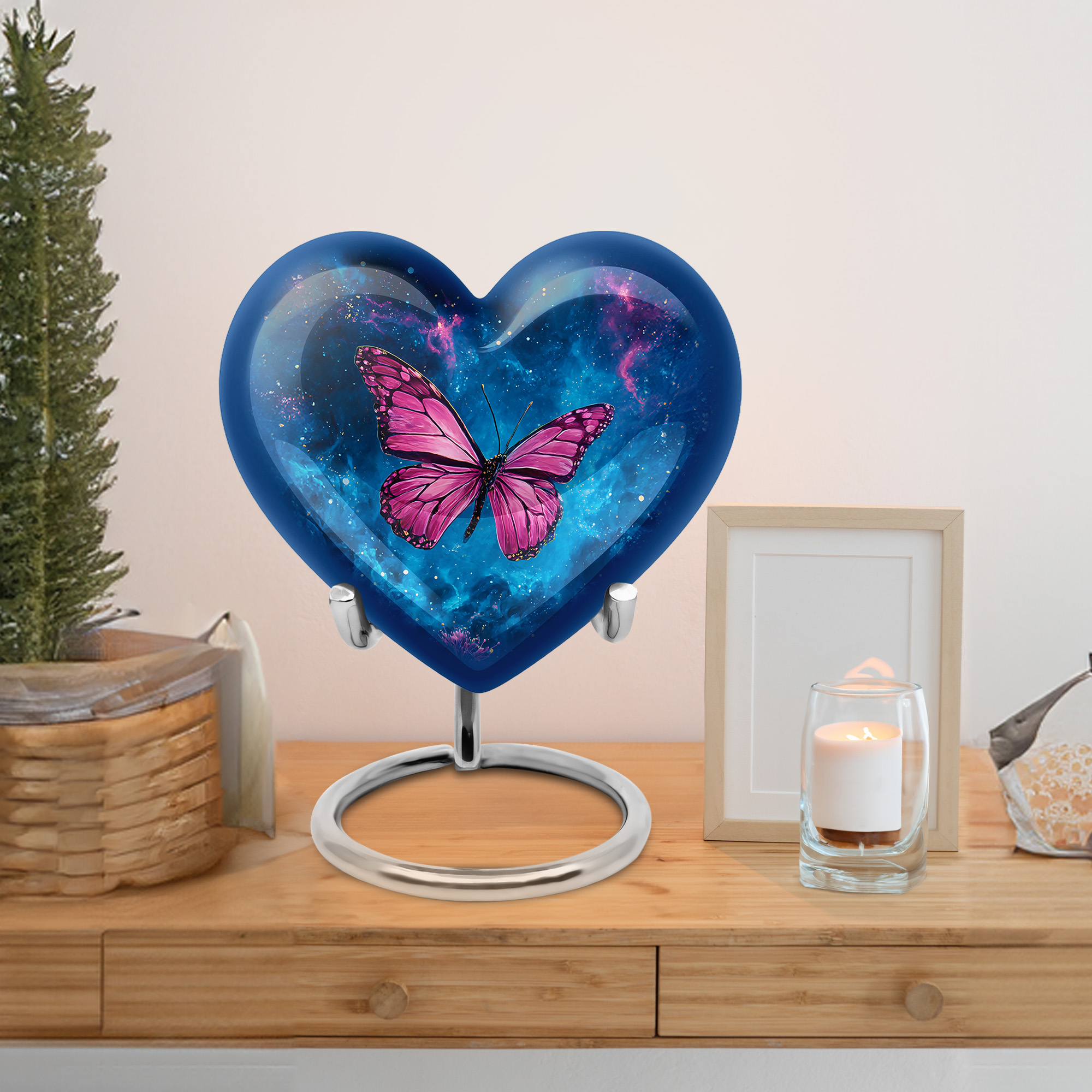 MUKTIVE Purple Butterfly Funeral Urn for Ashes for Women, Burial Galaxy Urns for Adult Male, Decorative Keepsake Heart Blue Urns for Human Ashes, Cremation Urn for Mom & Dad, 3 inch