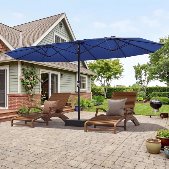 15FT Double Sided Patio Umbrella with Base, Rectangular Outdoor Sun Shade, UV Protection Waterproof Canopy, Easy Crank Lift Design for Pool Garden Backyard