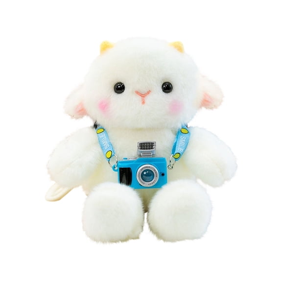 Lamb Plush Toy with Accessories, Soft White Stuffed Sheep Animal with Milk Tea Camera Cupcake Doll for Room Decor and Gift Display