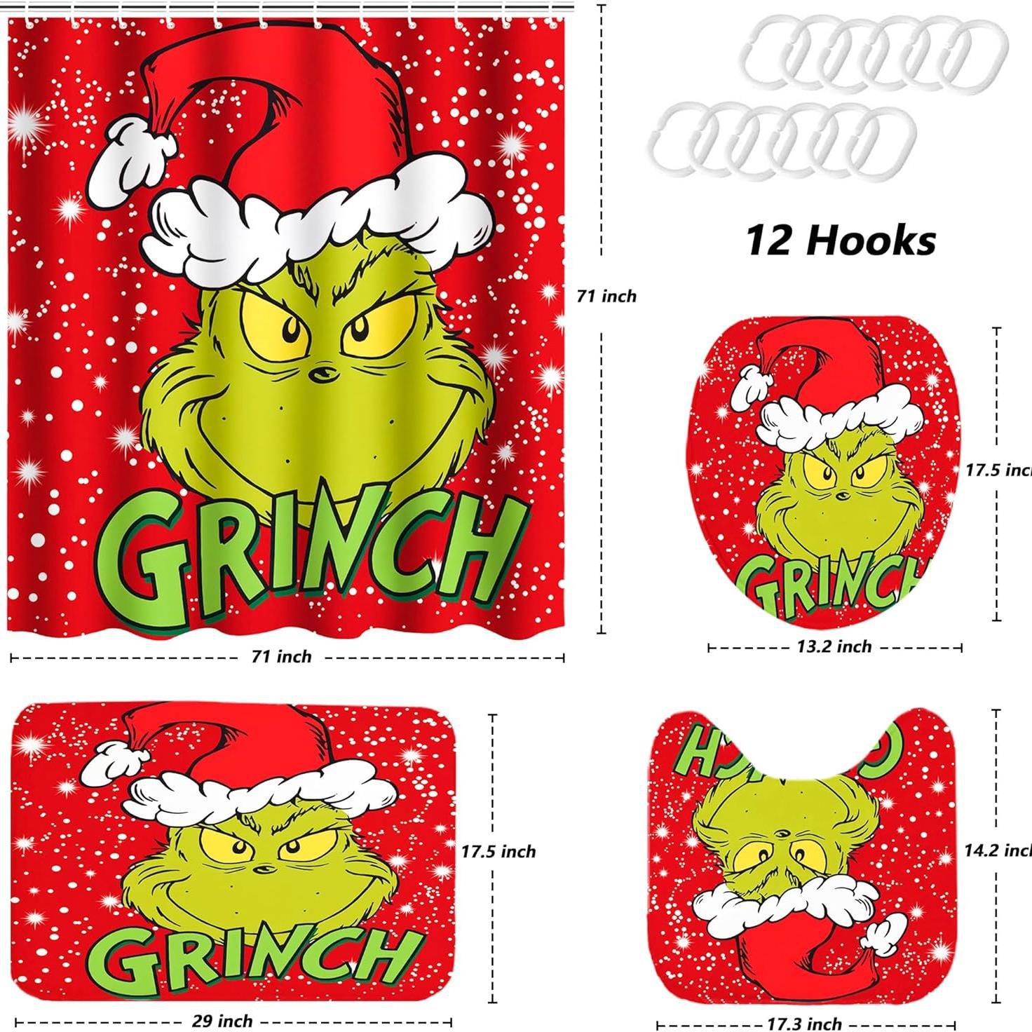 PONGUI 4 Pcs Christmas Bathroom Set, Christmas Shower Curtain Sets, Shower Curtain Non-Slip Rugs Toilet Lid Cover and Bath Mat Set, Christmas Holiday Bathroom Decor, 72x72 Inches, with 12 Hooks