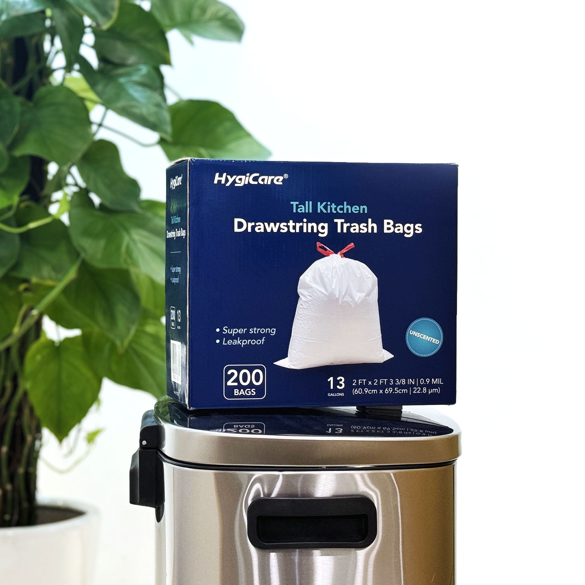 HygiCare 13 Gallon Drawstring Trash Bag, Tall Kitchen, 200 Count, Unscented, Super Strong, Leakproof
