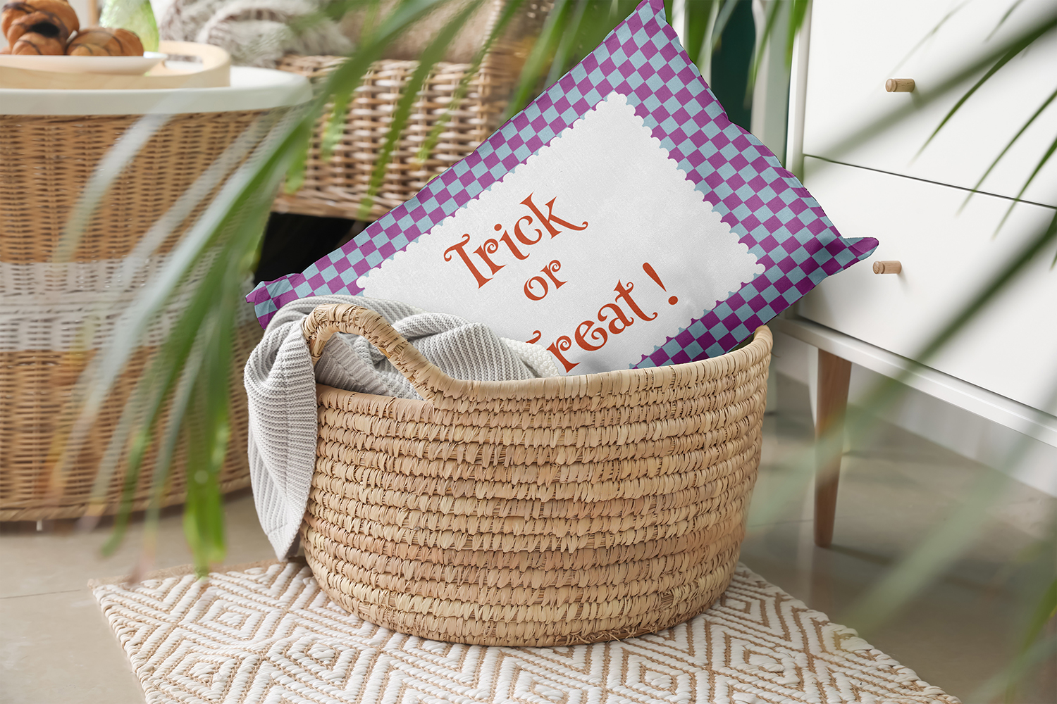 20" x 14" Simply Daisy Halloween Trick or Treat Checks Polyester Accent Pillow, Orchid Qty 1