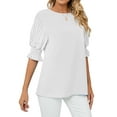 thumbnail image 3 of Gustave Chiffon Tops for Women Puff 3/4 Sleeve Blouses Business Casual Trendy Crew Neck Shirts Loose Summer Ruffle Tunic Tops - White, S, 3 of 7