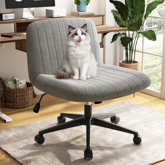 Walsunny Criss Cross Legged Home Office Vanity Desk Chair with Back & Wide Seat Armless with Wheels Swivel Padded Fabric Chair,Grey