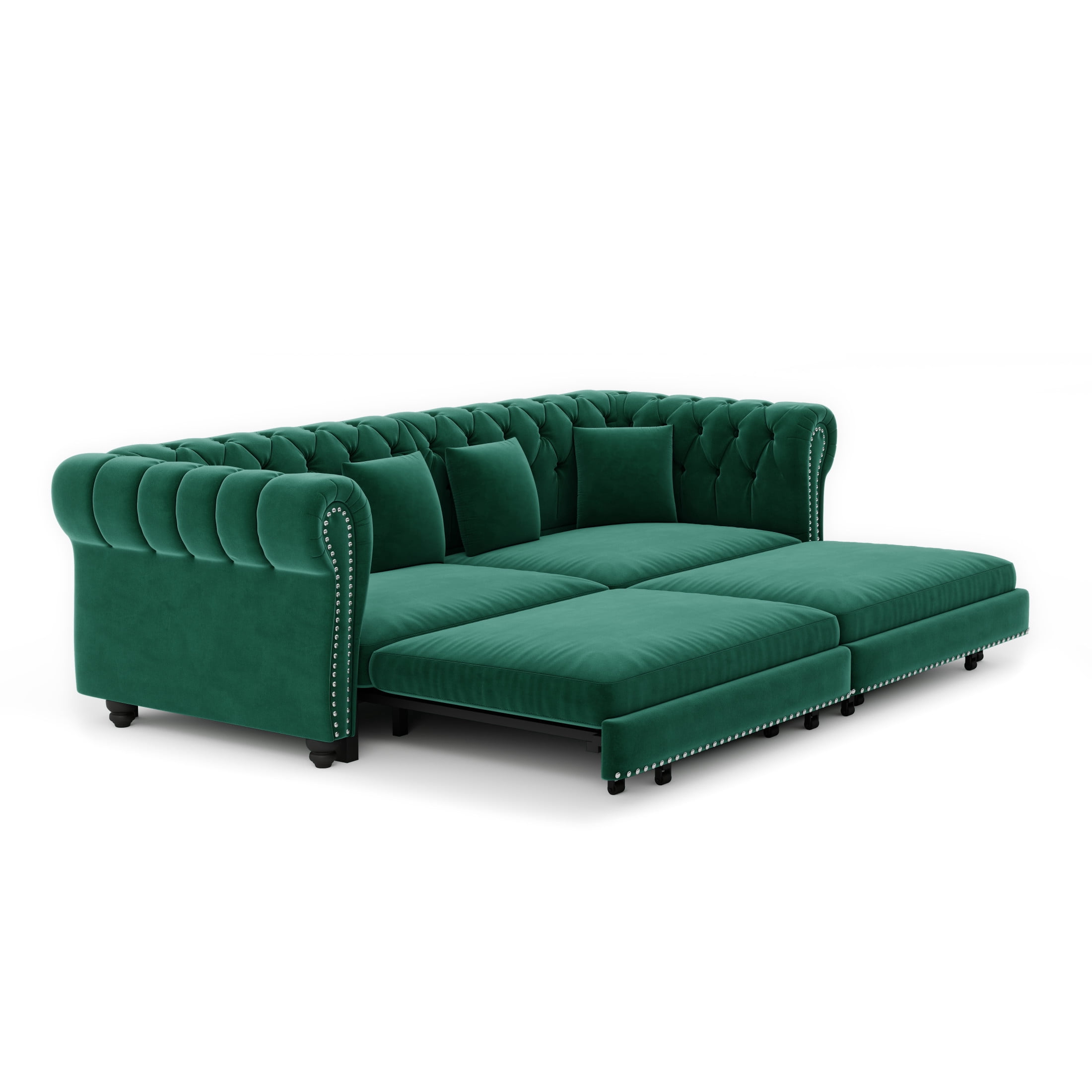 Noble House Ulwick Velvet Chesterfield Pull-Out Sofa Bed, 3-in-1 Convertible Sleeper Couch with Movable Ottoman, Green