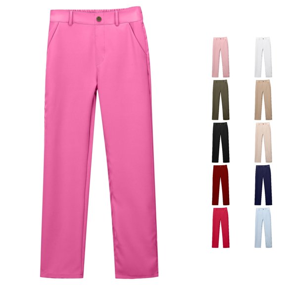 Krdevn Boys Girls High Stretch Straight Leg Dress Pants Hidden Elastic Waist Multi Pocket Pants for School Ceremony Daily Travel Wear,14-15 Years