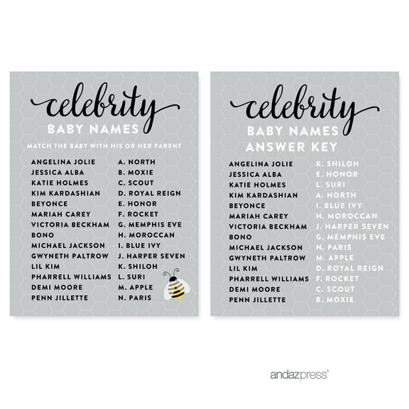 Celebrity Name Game  Mama to Bee Bumblebee Gender Neutral Baby Shower Games , 20-Pack