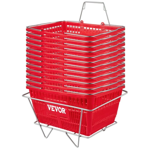 VEVOR Shopping Basket, 16.9 x 11.8 x 8.07 in/42.8 x 30 x 22 cm((L x W x H), Cast-Iron Handle and Stand, Set of 12 Store Baskets with Durable PE Material Used for Supermarket, Retail, Bookstore, Red