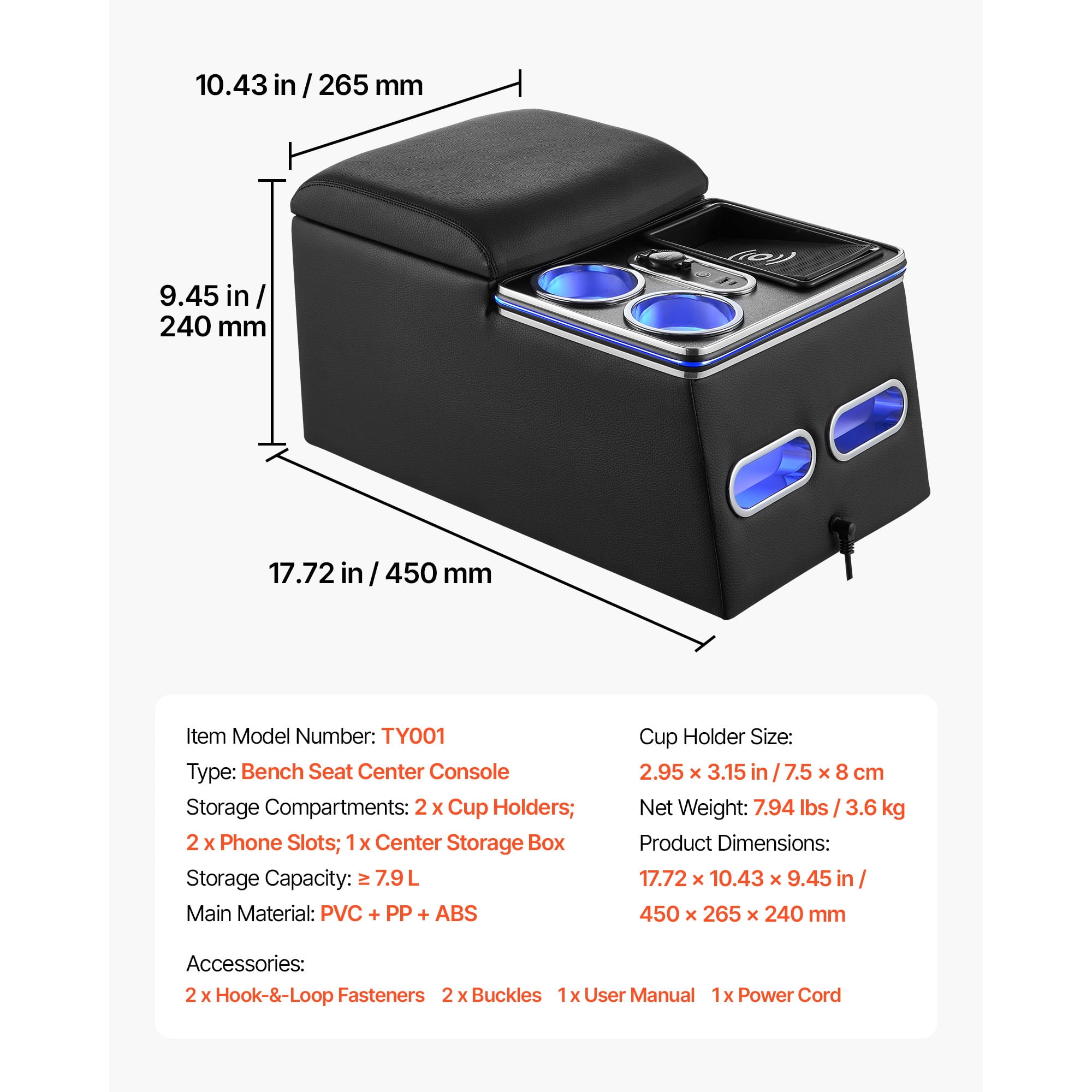 KFFKFF Universal Rear Bench Seat Center Console with Multi-Color Ambient Lighting, Wireless/USB/Cigarette Lighter Charging, Back Seat Organizer with Cup and Phone Holders for MPV, Sedan, SUV