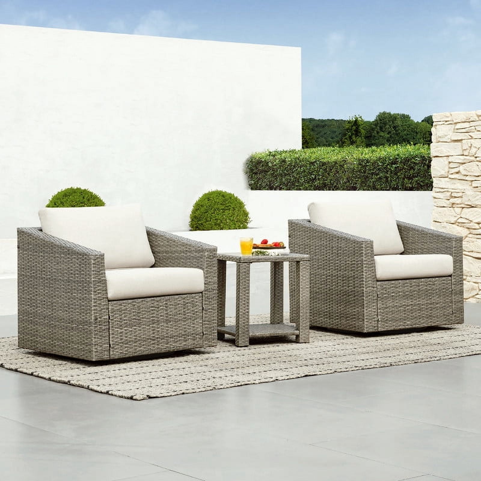 CHITA 2-Piece Outdoor Swivel Gray Wicker Chair with Cushion, Cream