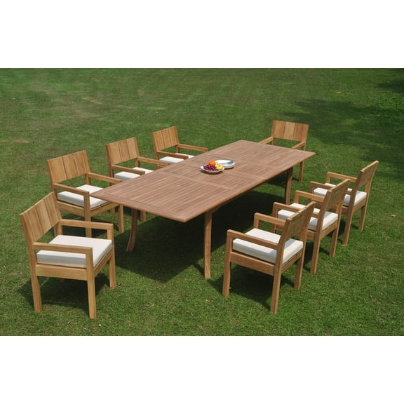 Grade-A Teak Dining Set: 8 Seater 9 Pc: 118" Double Extension Rectangle Table And 8 Veranda Arm Chairs Outdoor Patio WholesaleTeak #WMVR6