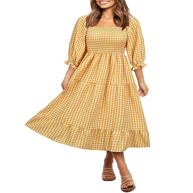 Femmes Été Robe Bohème Adultes Off-Épaule Smocked Puff Manches Plaid une Seule Pièce