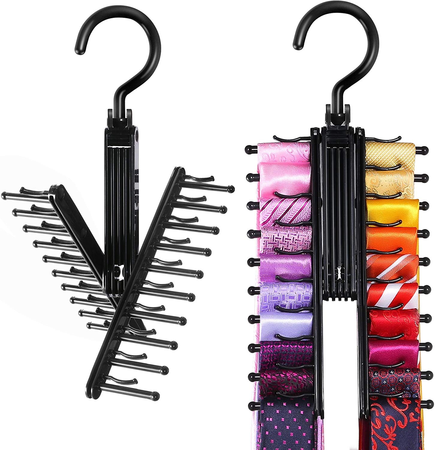 2X Tie Rack Hanger Rotating Adjustable Tie Holds 20 Ties Belts Organiser For Men 