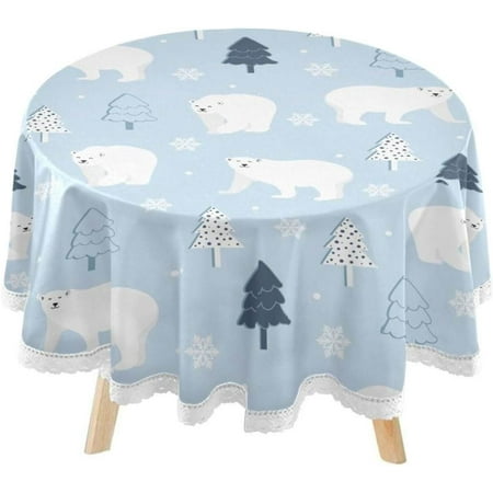 SKYSONIC Cute White Bear Round Tablecloth 60inch Indoor Wrinkle Free, Winter Snow Tree Circular Lace Table Cover Washable for Kitchen Party BBQ Dining Decor