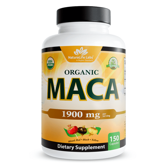 Organic Maca Root Black, Red, Yellow 1900 mg per serving - 150 Vegan Capsules Peruvian Maca Root Gelatinized
