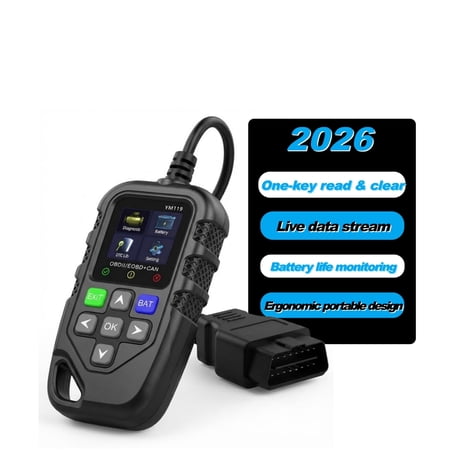 Jinkey® Palm-Sized OBD2 Scanner — One-Key Read/Clear Codes, Live Data Stream, Battery Life Monitoring, Backlit LCD & 13 Languages, Ergonomic Portable Design.