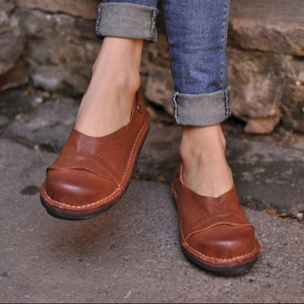 Zapatos de plataforma de tacón plano casuales de manga cómoda retro de color sólido para mujer Wmkox8yii FOPL2126