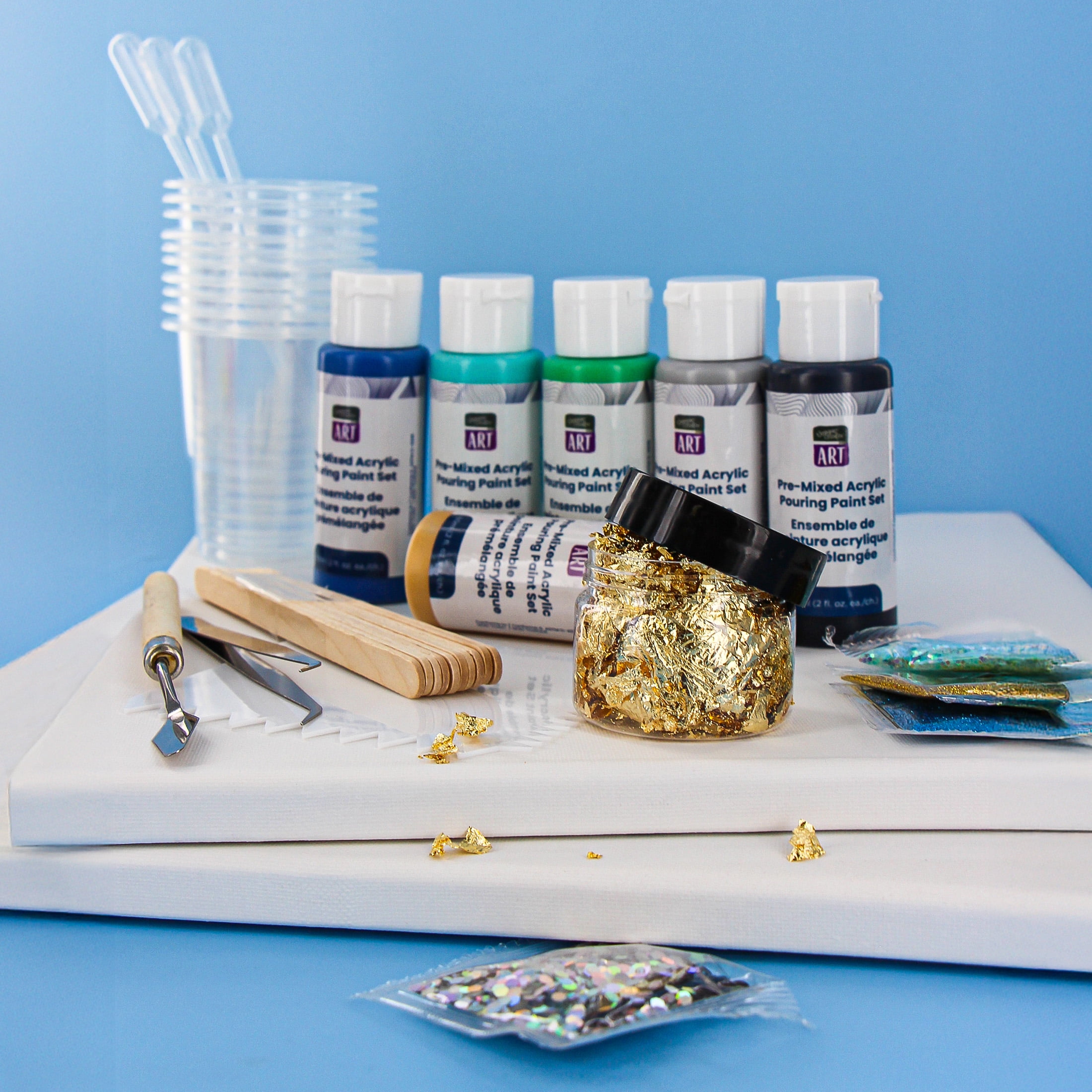 Coffret Unique Creativ Art de Peinture Pré-Mélangée Versable, 51 pièces, Toiles 30,5 x 30,5 cm