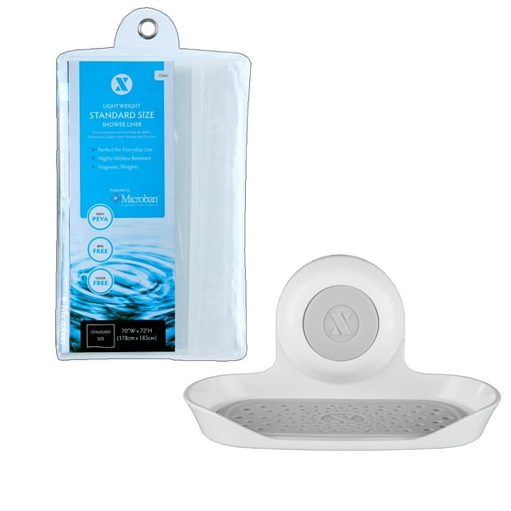 SlipX Solutions Lightweight Clear Shower Liner & Suction Soap Dish Bundle