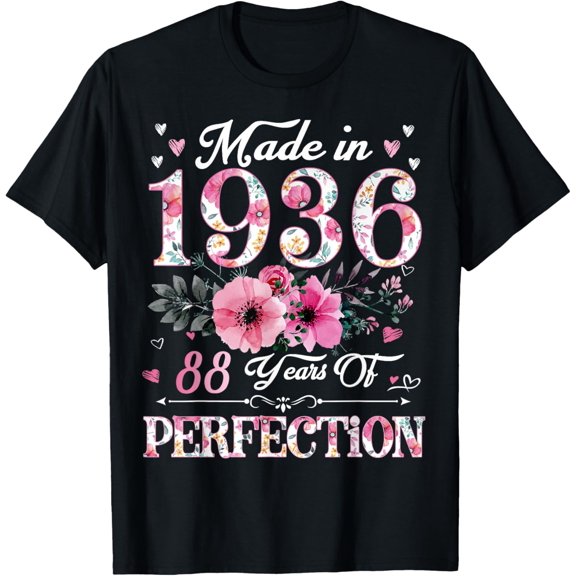 t-shirt 88 Year Old Made In 1936 Floral 88th Birthday Gift For Women T-Shirt.