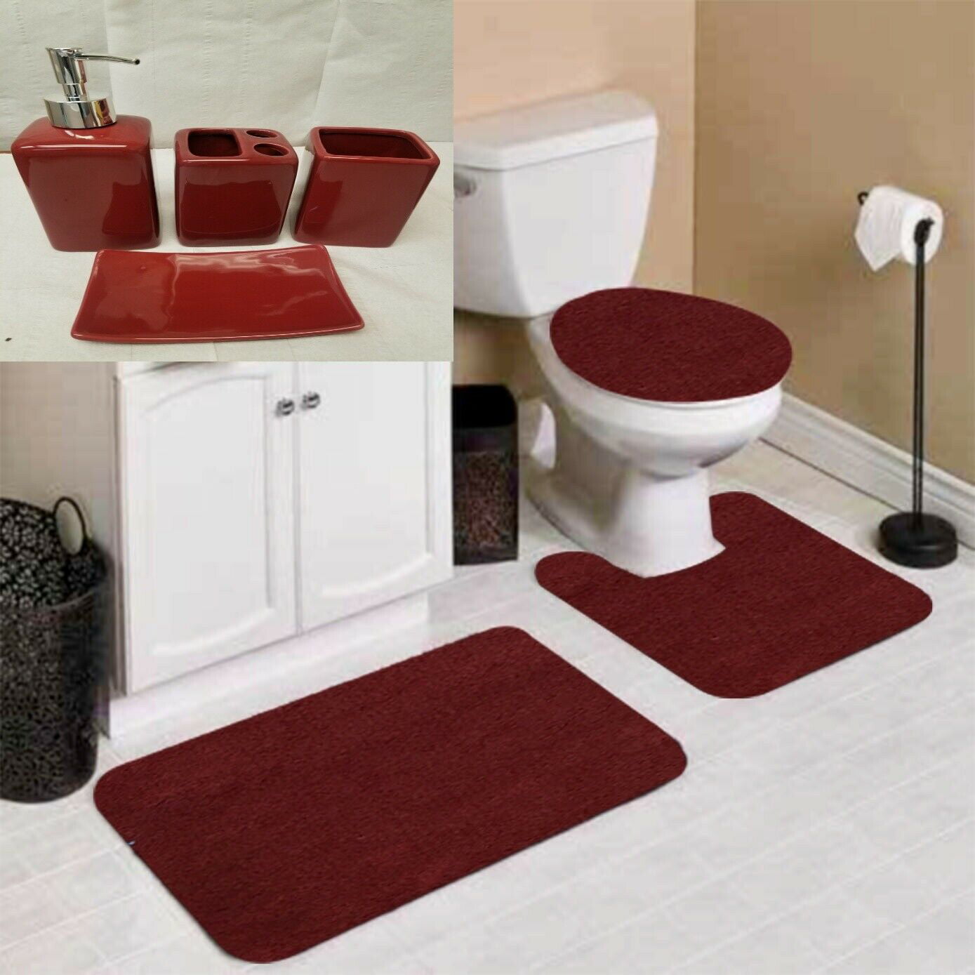 Bathroom Set Rug Set Contour Mat Toilet Lid Cover Burgundy Non-Slip 3-Pack Soft 