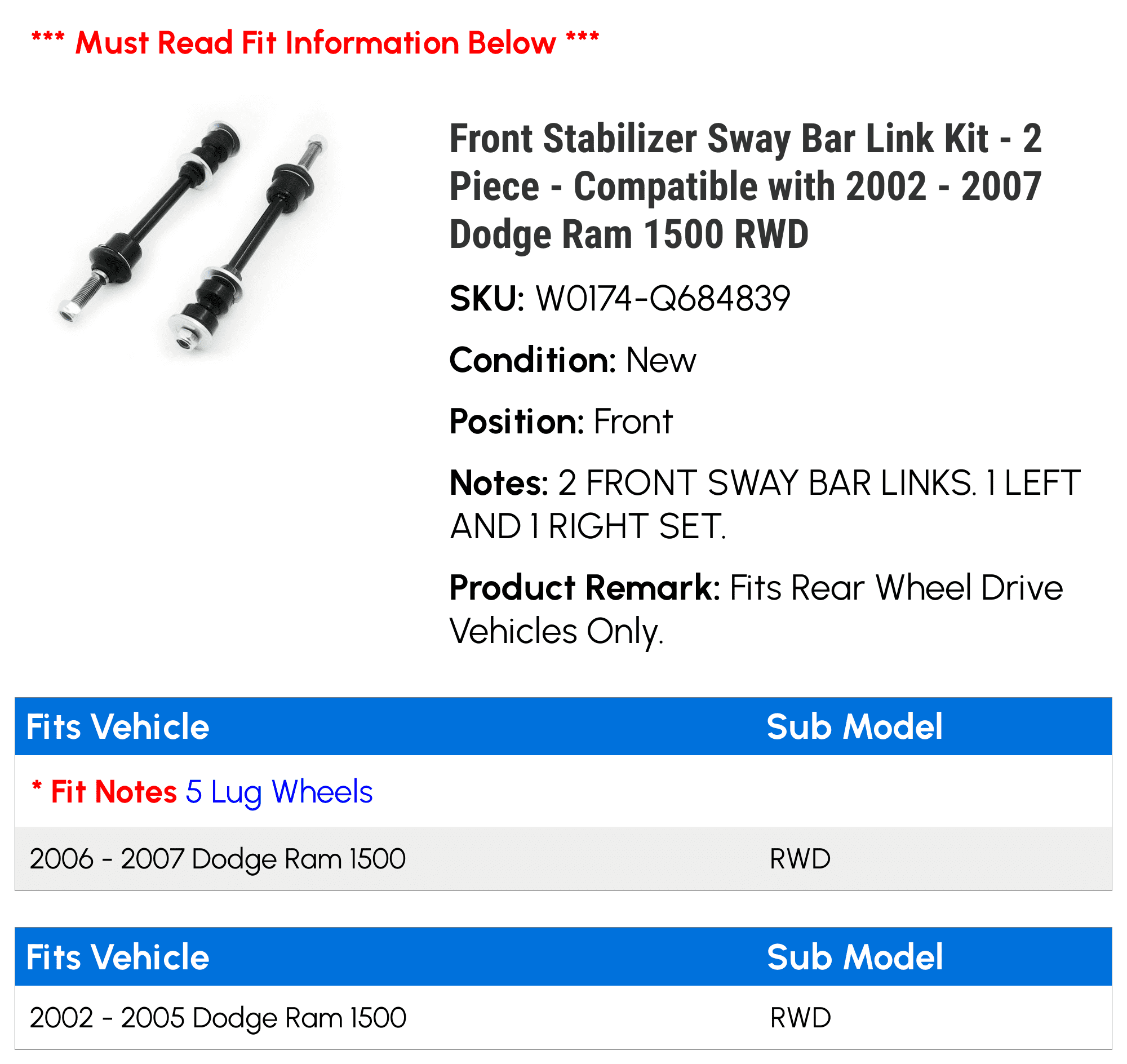 Front Stabilizer Sway Bar Link Kit - 2 Piece - Compatible with 2002 - 2007 Dodge Ram 1500 RWD 2003 2004 2005 2006
