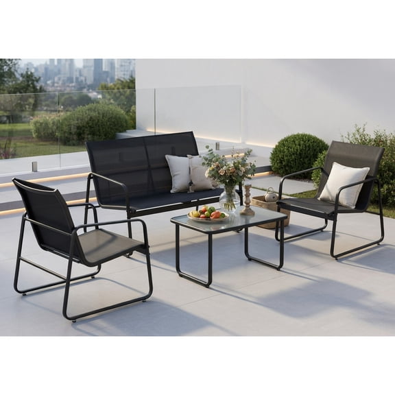 Resenkos 4-Piece Outdoor Patio Conversation Set – Black Metal Frame with Tempered Glass Coffee Table, Loveseat & 2 Armchairs for Backyard, Garden & Deck