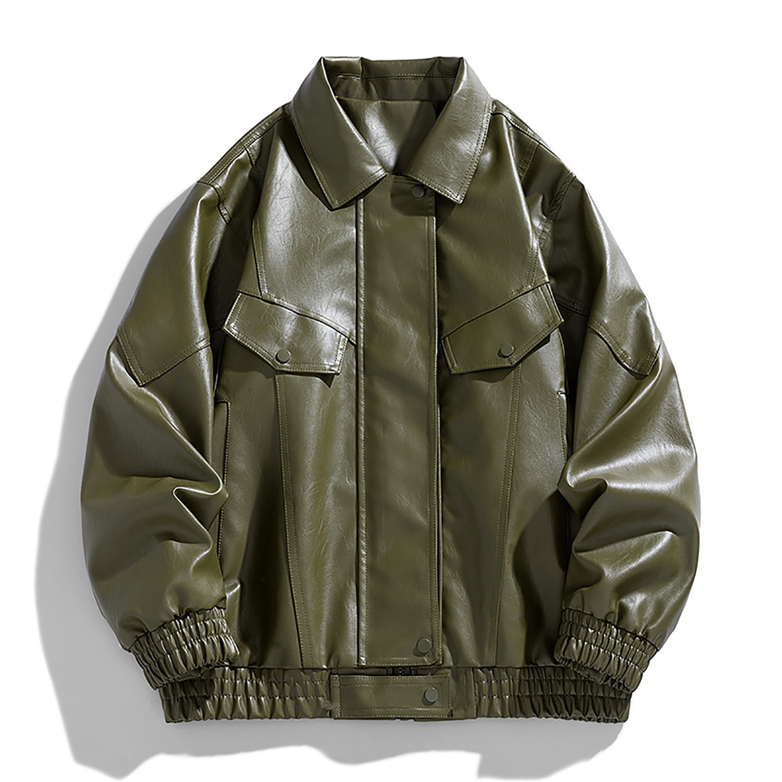 HOOMEUMY Mens Faux Leather Jacket Casual Workout Drop Shoulder Clothes Fashion 2025 Trendy Classic Solid Coat Turndown Collar Design Vintage Loose Fit Biker Outwear Pockets Jacket Green XL