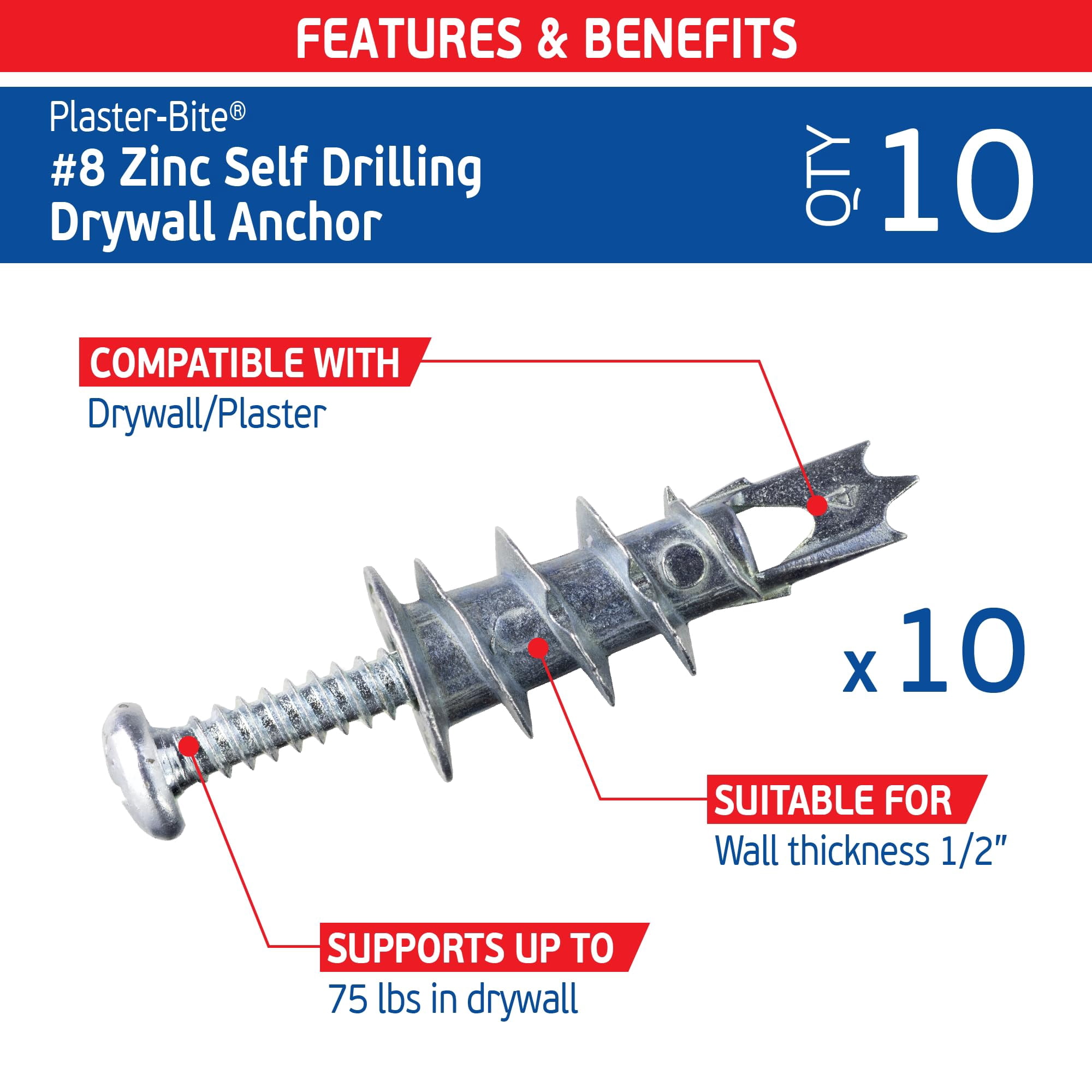 #8 Zinc Plaster Bite Self Drilling Drywall Anchors w/Screws (25 Anchors & 25 Screws) – Heavy Duty Zinc Hollow Wall Anchor Kit for 3/8", 1/2", 5/8" Drywall – 75 lbs Holding Strength