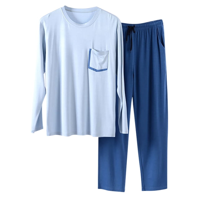 toraway Ensembles de Pyjamas pour Hommes Vêtements de Loisirs Ensemble de Pyjama Col Rond Manches Longues Haut et Pantalon Extensible avec Poche Couleur Unie 2 Pcs Vêtements Décontractés pour Hommes Vêtements de Maison L