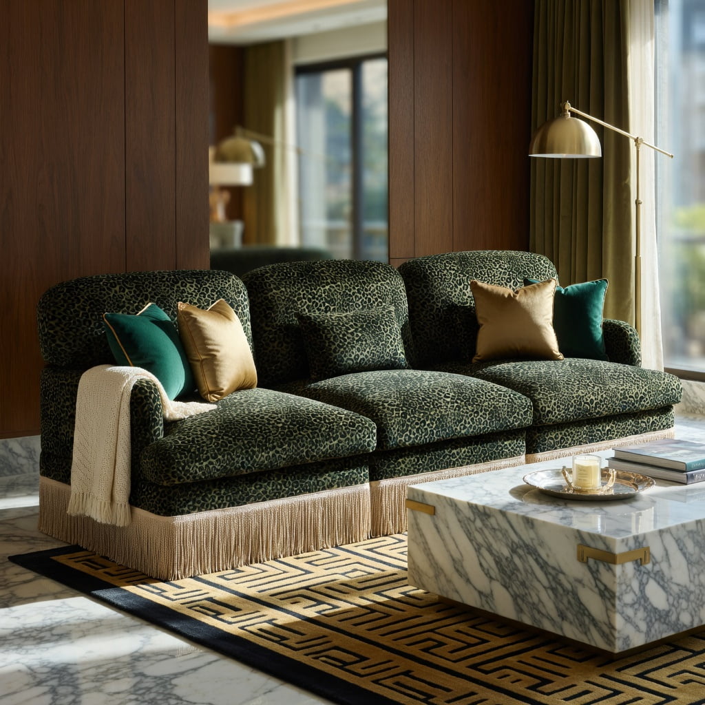 Hommoo 100" Modern Leopard Print Chenille 3-Seat Modular Sectional Sofa, Deep Seat Design with Tassel Trim, Ergonomic Support & Easy Tool-Free Assembly, Green Black