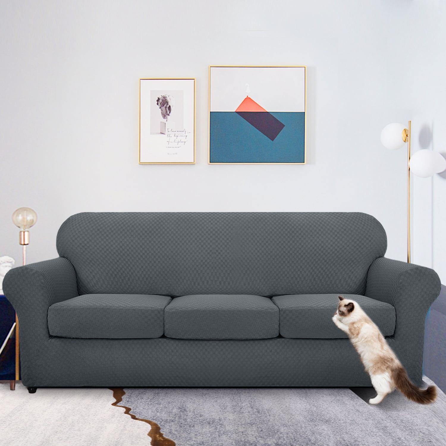 JIATER 4-Piece Sofa Cover Stretch Couch Cover Washable Sofa Slipcover Furniture Protector with 3 Cushion Covers,Sofa Dark Gray