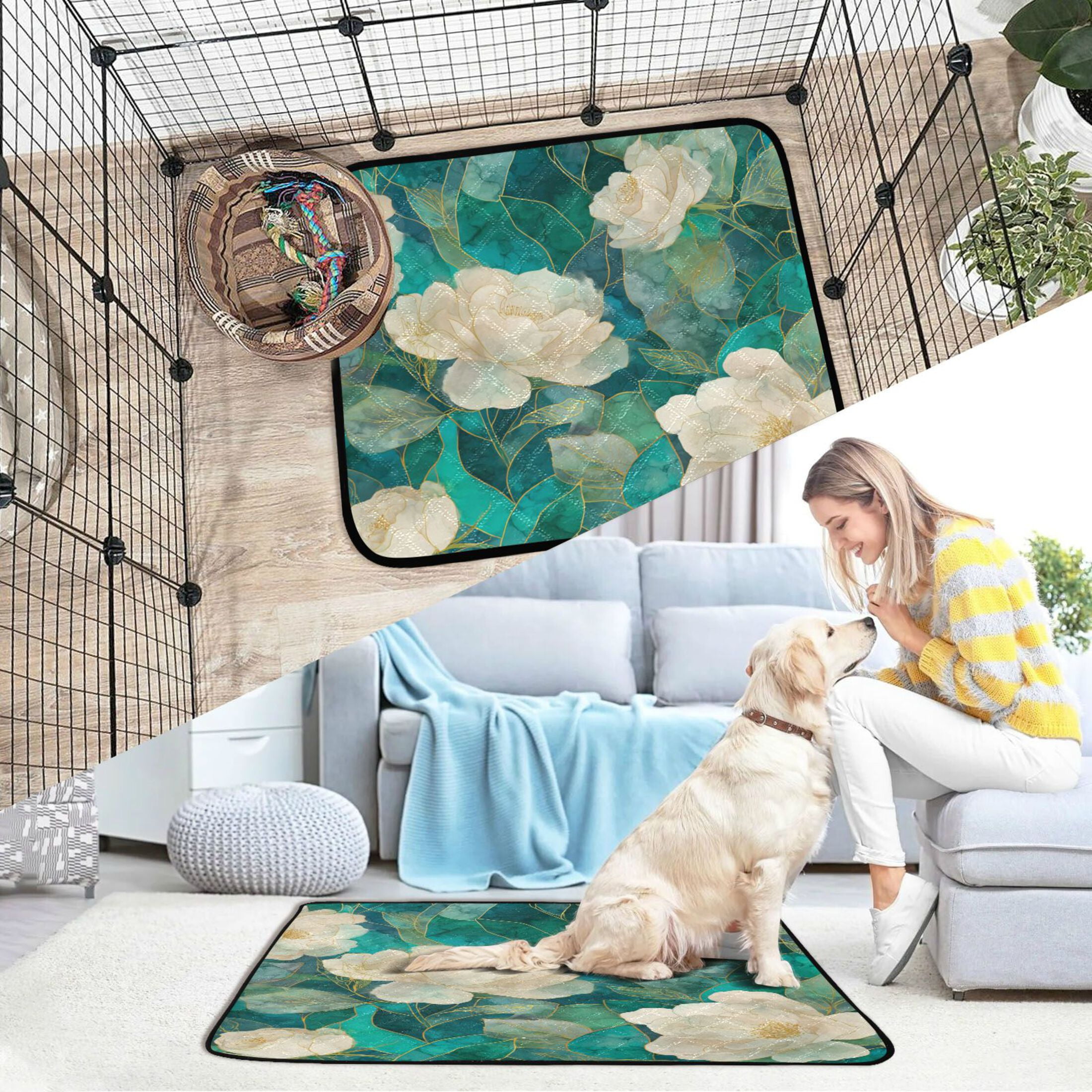 Qxltty White Peony Cat litter Pads Pet Set of 3 Diaper Mats Center Anti-leakage Layer Absorbent Soft and Comfortable