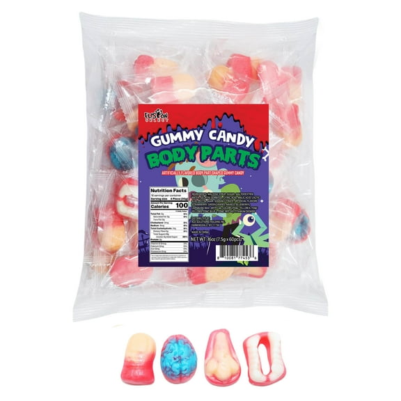 Fusion Select 8 Oz Individually Wrapped Gummy Body Parts Candy - Halloween Gummies & Trick or Treat Candy for Party & Goodie Bags - Spooky Assortment of Brain, Teeth, Fingers & Nose Candies