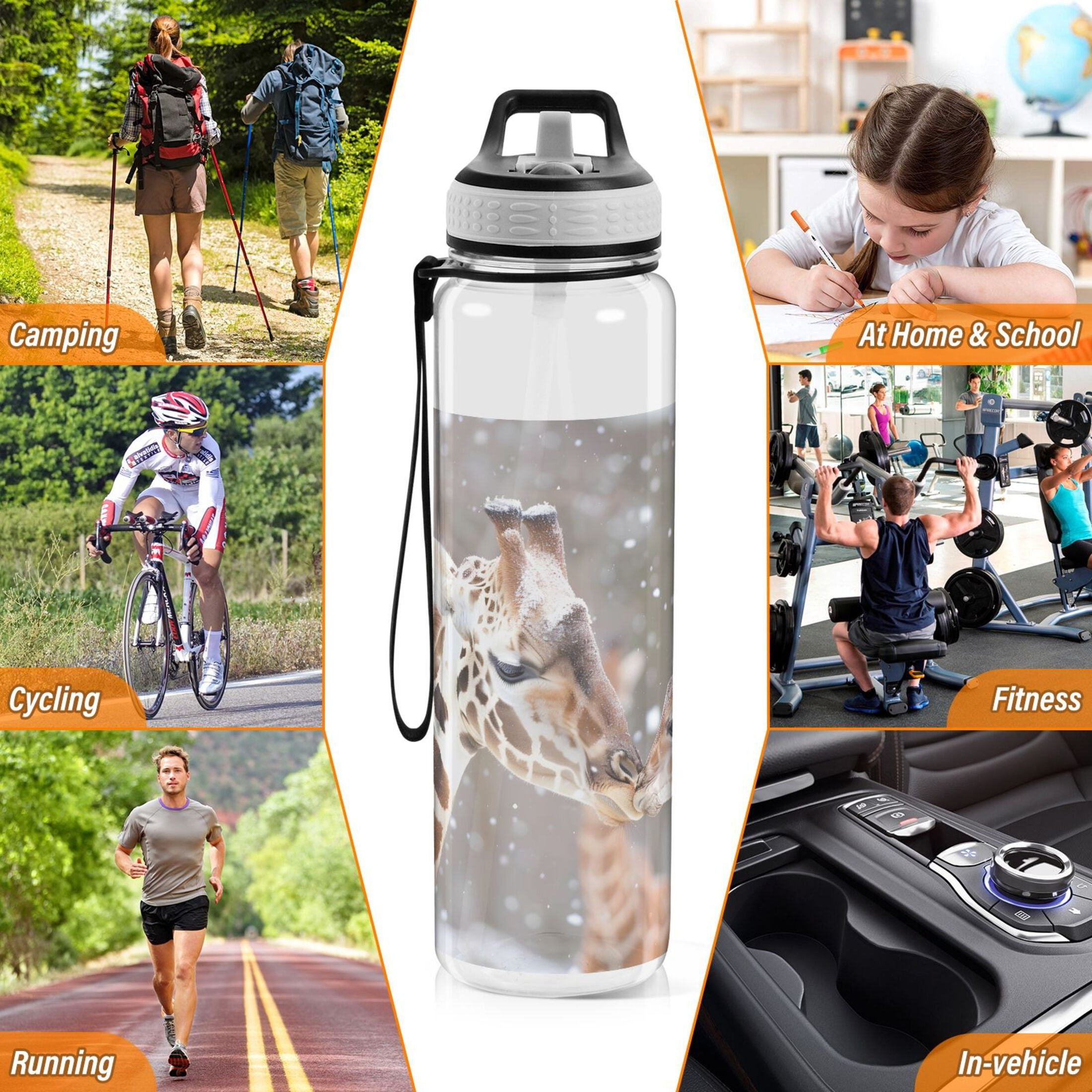 Mother and Baby Giraffes Sports Water Bottle Portable Travel Mug 32oz BPA Free Leak Proof Straw Transparent Tritan for Gym Yoga Cycling Camping