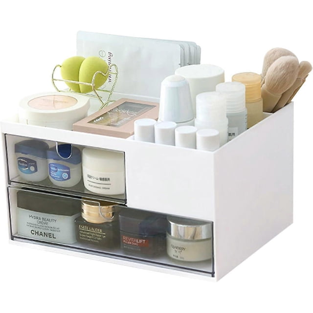 Makeup Organizer with 2 Drawers, Desk Organizer, 4 Compartments, Cosmetics Storage Box for nail polish,Lipstick, Brushes, Jewelry, Skincare, Bathroom